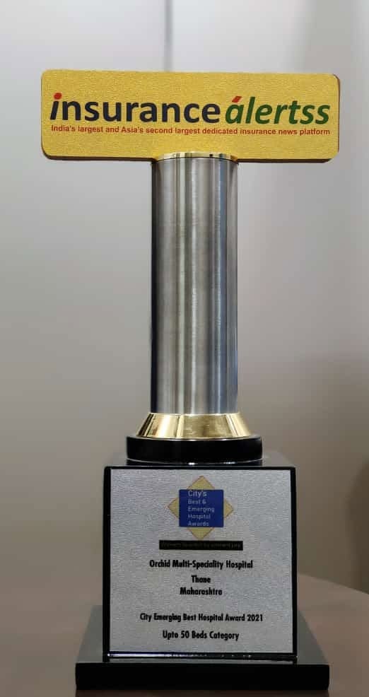 An Insurance Alertss trophy inscribed "Orchid Multi-Speciality Hospital, Thane, Maharashtra — City Emerging Best Hospital Award 2021, Upto 50 Beds Category".